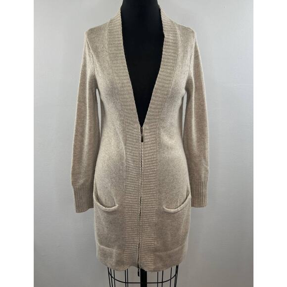 CYNTHIA ROWLEY Cream Beige Angora Wool Blend Full Zip Long Cardigan Sweater M - Picture 1 of 7
